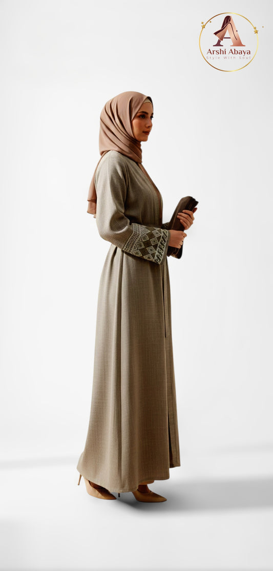 Alya Embroidered Open Abaya Set – Beige Taupe