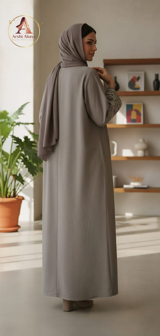 Sara Minimal Embroidered Abaya – Soft Grey