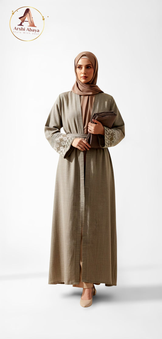 Alya Embroidered Open Abaya Set – Beige Taupe
