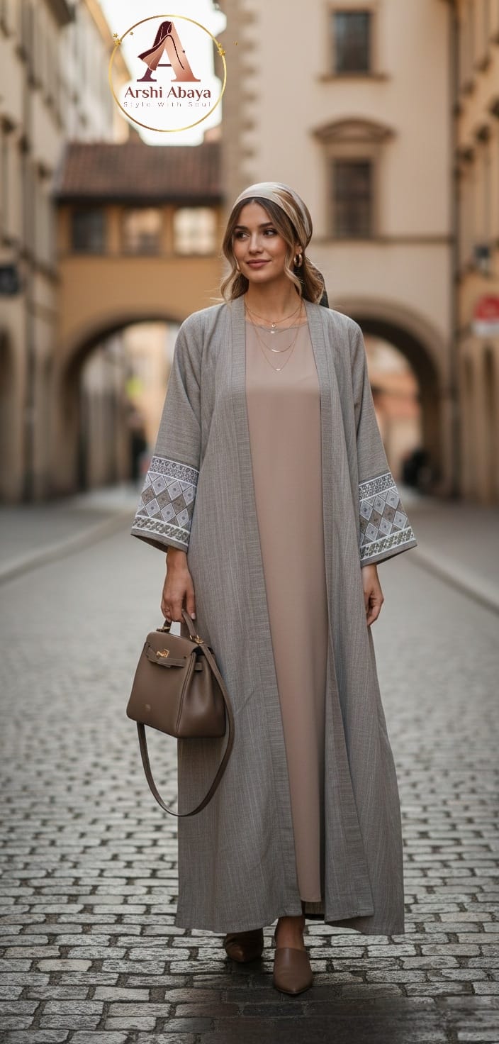 Sara Minimal Embroidered Abaya – Soft Grey