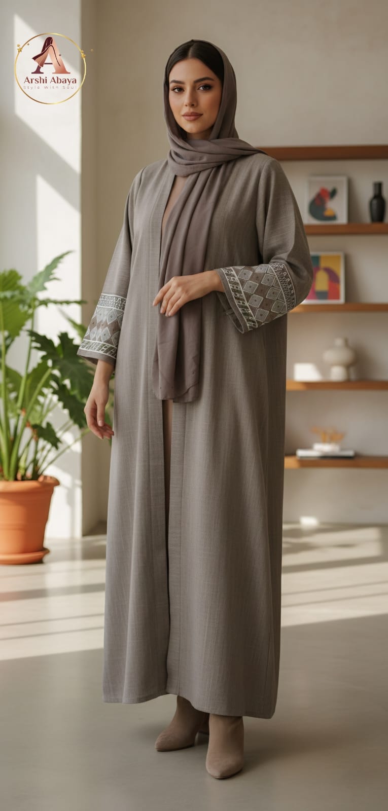 Sara Minimal Embroidered Abaya – Soft Grey