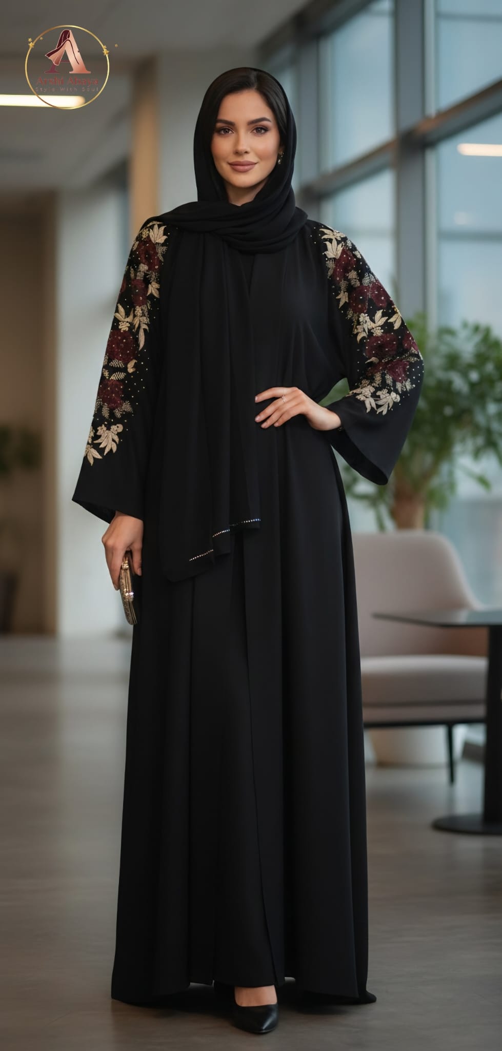 Noor Floral Embroidered Abaya – Classic Black