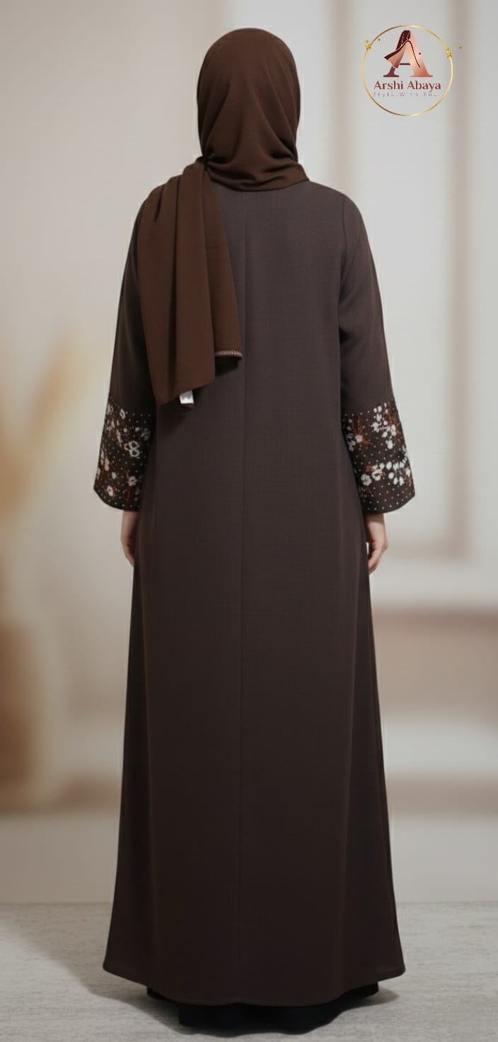 Amina Floral Sleeve Abaya – Chocolate Brown