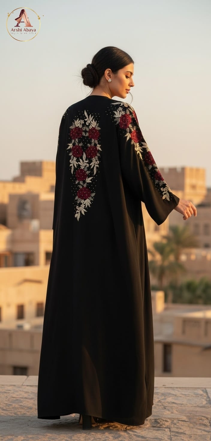 Noor Floral Embroidered Abaya – Classic Black
