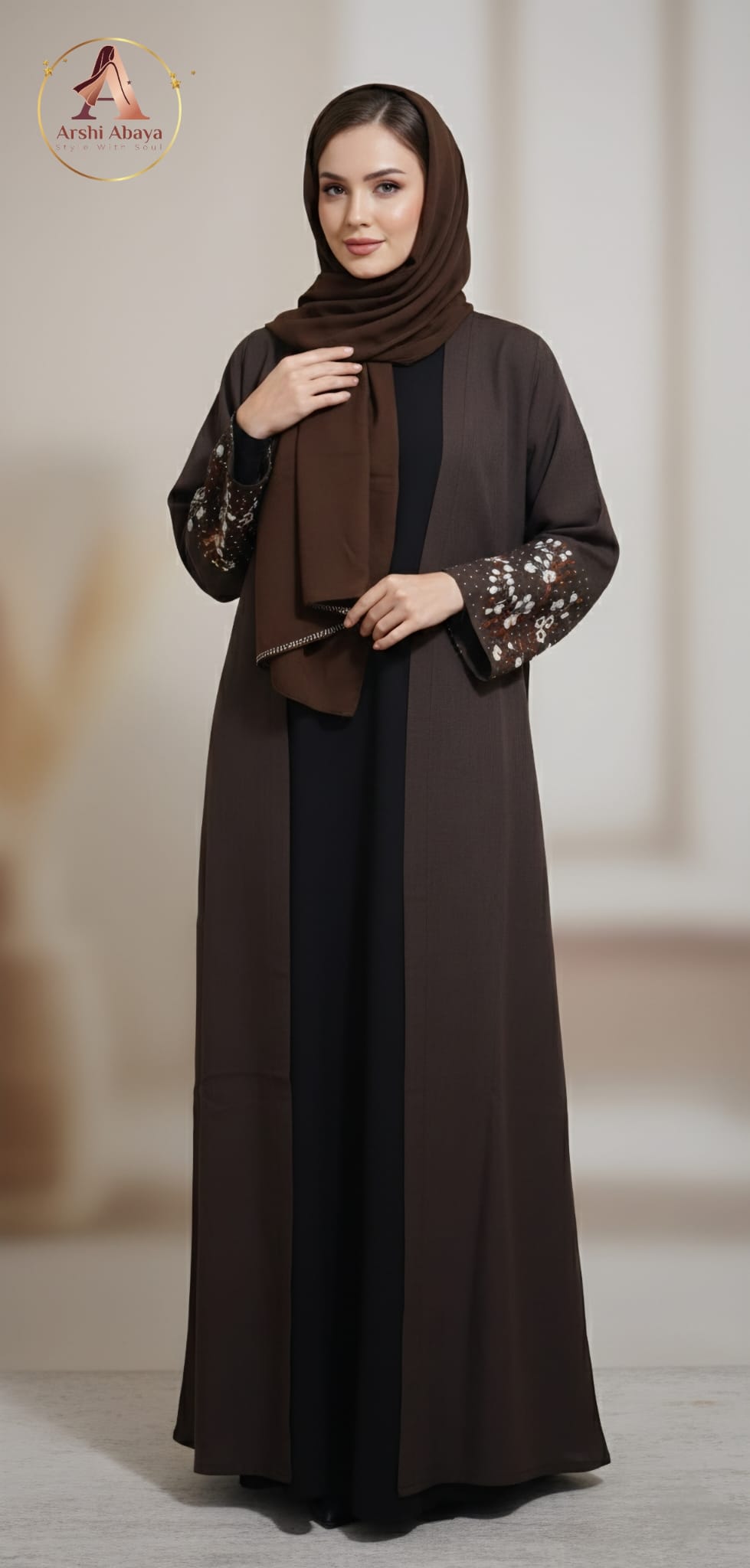 Amina Floral Sleeve Abaya – Chocolate Brown