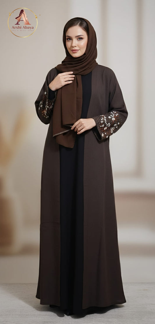 Amina Floral Sleeve Abaya – Chocolate Brown